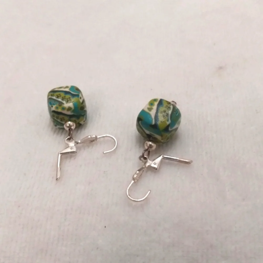 Dangles W/ Hearts & Flowers, Green, Blue, White Squares with Lobster Clasp - Picture 2 of 5